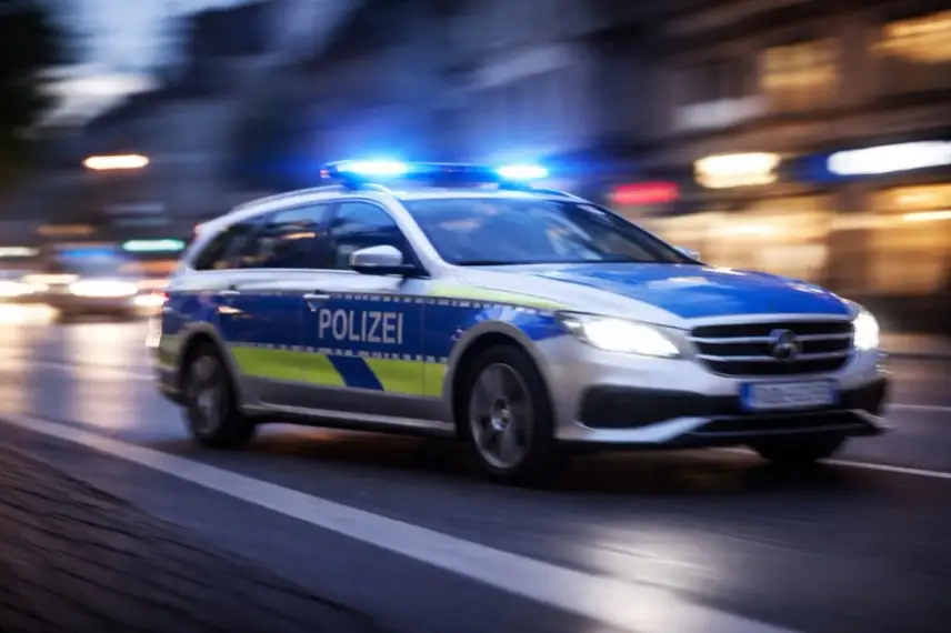 Fahrender Polizeiwagen mit eingeschaltetem Blaulicht in Göppingen bei Nacht, Bewegungsunschärfe auf Straße und Umgebung