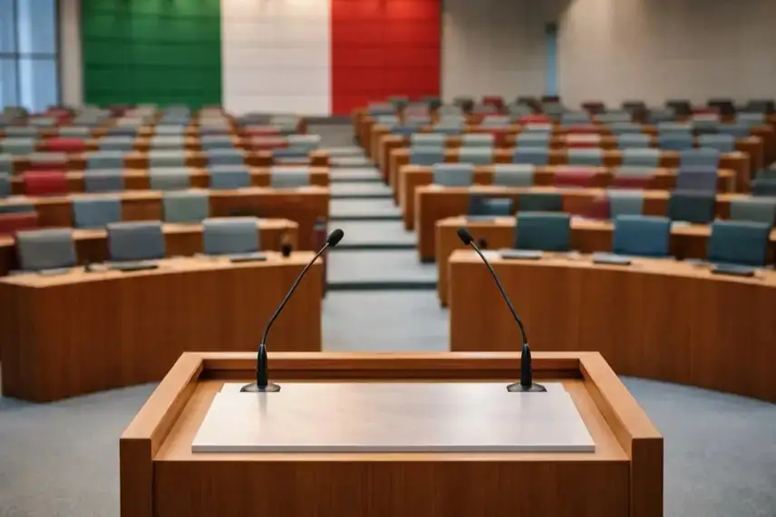 Leerer Plenarsaal eines Landesparlaments mit Rednerpult und Sitzreihen, moderne Architektur, sachliche Beleuchtung, Nordrhein-Westfalen, Landtagswahl 2027