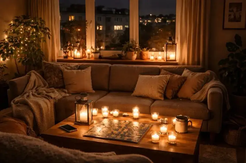 Wohnzimmer einer Berliner Wohnung, hell beleuchtet mit mehreren Teelichtern auf Tisch und Fensterbank, Sofa und Fenster mit nächtlicher Stadtansicht.