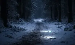 Dunkler Waldweg bei Nacht mit Schnee und schwachem Licht von Smartphones in einem Waldgebiet bei Krefeld