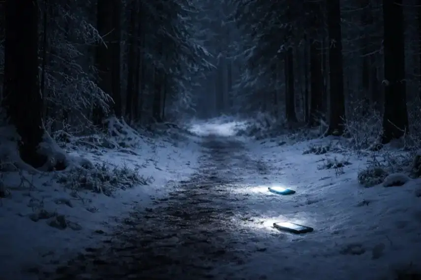 Dunkler Waldweg bei Nacht mit Schnee und schwachem Licht von Smartphones in einem Waldgebiet bei Krefeld