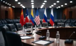 Beleuchteter Konferenztisch in leerem internationalem Sitzungssaal mit Flaggenständern, Sinnbild für diplomatische Gespräche zu Venezuela