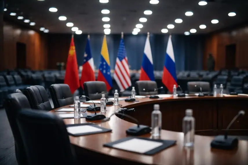 Beleuchteter Konferenztisch in leerem internationalem Sitzungssaal mit Flaggenständern, Sinnbild für diplomatische Gespräche zu Venezuela