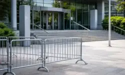 Leerer Vorplatz vor einem modernen Verwaltungsgebäude mit Glasfassade und Treppen, sachliche Architektur ohne Menschen oder Beschriftung.