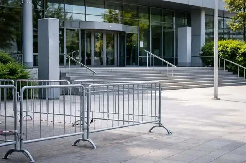 Leerer Vorplatz vor einem modernen Verwaltungsgebäude mit Glasfassade und Treppen, sachliche Architektur ohne Menschen oder Beschriftung.