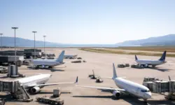 Leere Startbahn und geparkte Flugzeuge auf einem Flughafen in Griechenland bei ruhigem Himmel während eines gestörten Flugverkehrs.