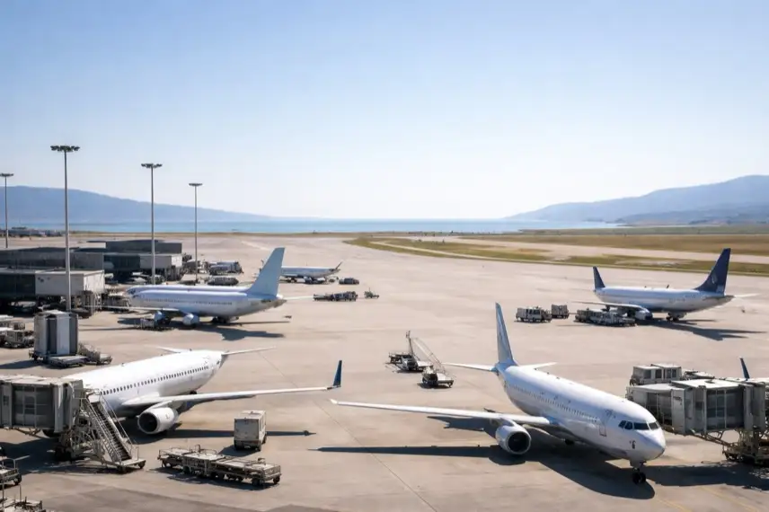 Leere Startbahn und geparkte Flugzeuge auf einem Flughafen in Griechenland bei ruhigem Himmel während eines gestörten Flugverkehrs.