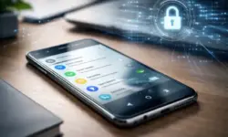 Entsperrtes Smartphone mit Android-Systemoberfläche auf Tisch, im Hintergrund abstrakte digitale Strukturen zum Thema IT-Sicherheit.