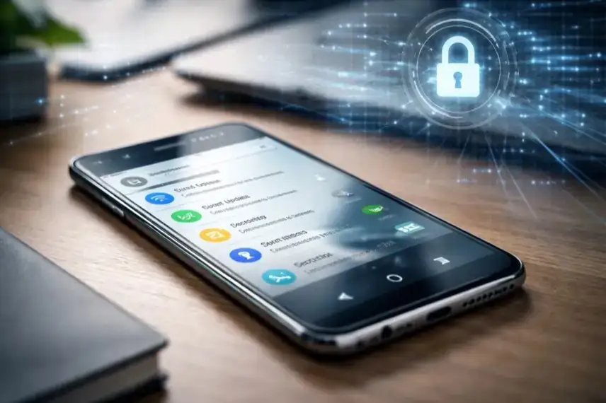 Entsperrtes Smartphone mit Android-Systemoberfläche auf Tisch, im Hintergrund abstrakte digitale Strukturen zum Thema IT-Sicherheit.