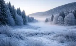 Verschneite Landschaft mit gefrorenem Boden und Reif auf Bäumen bei klarem Himmel während einer Kälteperiode in Deutschland