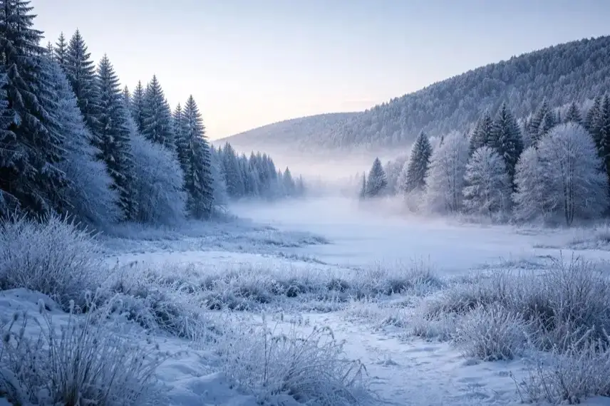 Verschneite Landschaft mit gefrorenem Boden und Reif auf Bäumen bei klarem Himmel während einer Kälteperiode in Deutschland