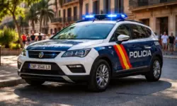 Spanisches Polizeiauto der Policía Nacional auf einer Straße auf Mallorca bei Tageslicht