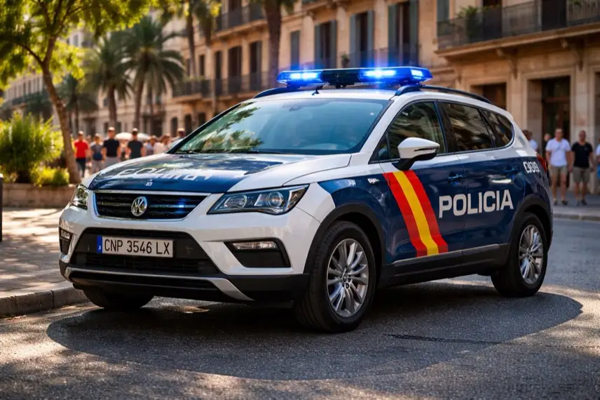 Spanisches Polizeiauto der Policía Nacional auf einer Straße auf Mallorca bei Tageslicht