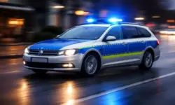 Fahrendes Polizeifahrzeug mit eingeschaltetem Blaulicht auf nasser Straße bei Dämmerung während eines Einsatzes im Straßenverkehr