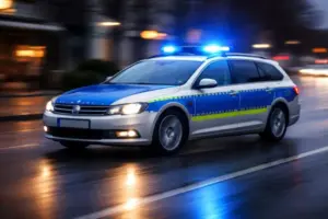 Fahrendes Polizeifahrzeug mit eingeschaltetem Blaulicht auf nasser Straße bei Dämmerung während eines Einsatzes im Straßenverkehr