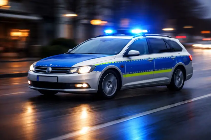 Fahrendes Polizeifahrzeug mit eingeschaltetem Blaulicht auf nasser Straße bei Dämmerung während eines Einsatzes im Straßenverkehr