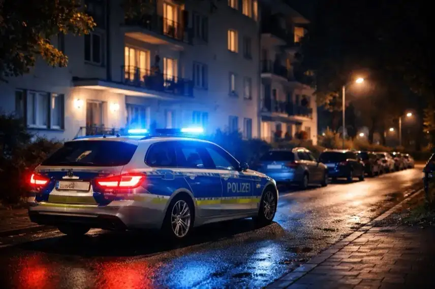 Polizeifahrzeug mit eingeschaltetem Blaulicht vor einem Wohnhaus in Frankfurt-Bockenheim bei nächtlichem Polizeieinsatz.