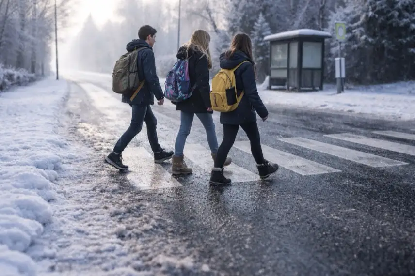 Vereiste Straße mit Zebrastreifen und Schulweg im Winter im Kreis Stade bei Glätte und Frost