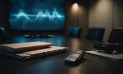 Dunkler Konferenzraum mit Tisch, geschlossenen Aktenmappen, Aufnahmegerät und abstrahierten Funkwellen als Symbol für Geheimdienstarbeit