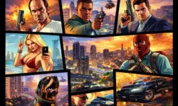 Cartoonartige Illustration einer urbanen Szene im Stil eines Videospiel-Coverdesigns, angelehnt an die Optik von Grand Theft Auto V