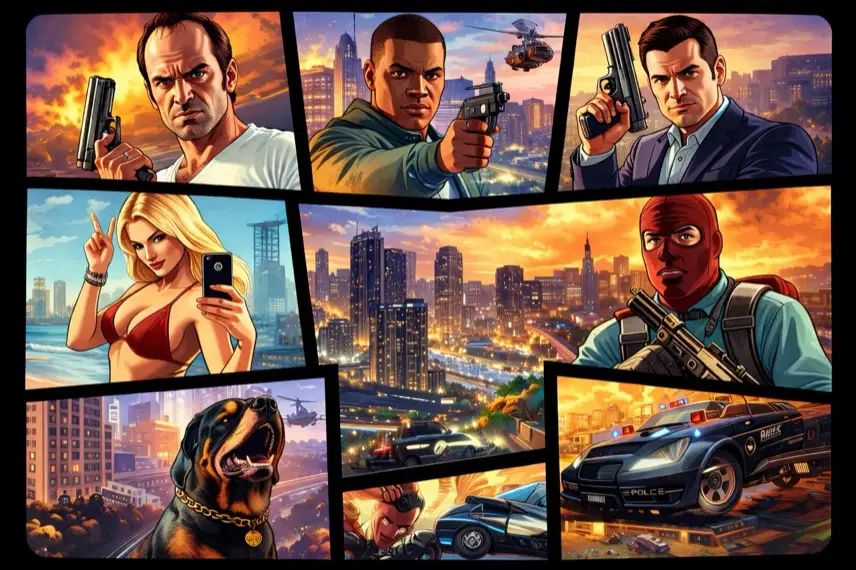 Cartoonartige Illustration einer urbanen Szene im Stil eines Videospiel-Coverdesigns, angelehnt an die Optik von Grand Theft Auto V