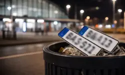 Zwei anonyme Kfz-Kennzeichen in einem Mülleimer an einem Bahnhof bei Nacht, im Hintergrund Bahnsteig und Straßenbeleuchtung