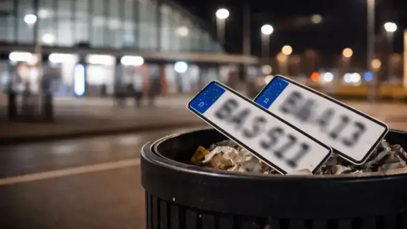 Zwei anonyme Kfz-Kennzeichen in einem Mülleimer an einem Bahnhof bei Nacht, im Hintergrund Bahnsteig und Straßenbeleuchtung