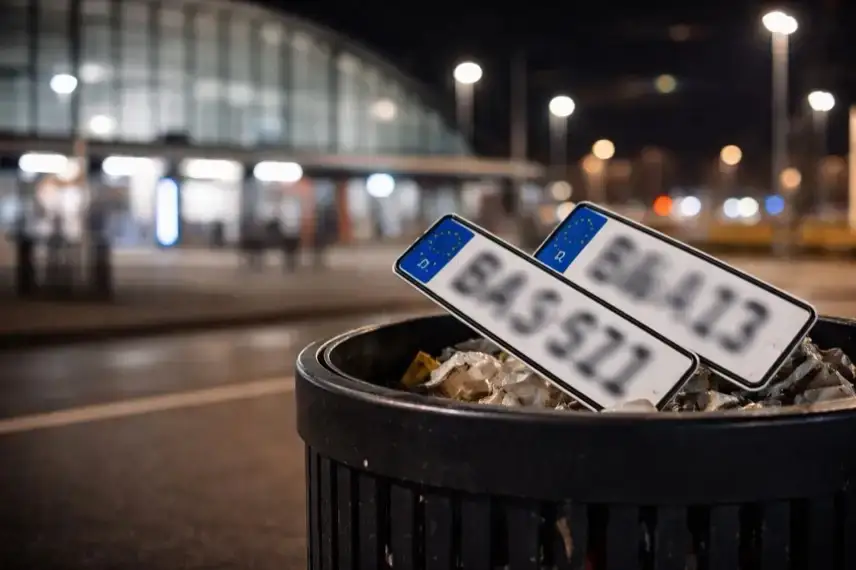 Zwei anonyme Kfz-Kennzeichen in einem Mülleimer an einem Bahnhof bei Nacht, im Hintergrund Bahnsteig und Straßenbeleuchtung