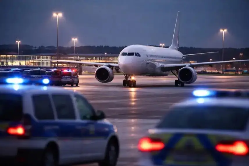 Passagierflugzeug steht bei Dämmerung auf dem Flughafen München, im Hintergrund Startbahn und Einsatzfahrzeuge mit Blaulicht.
