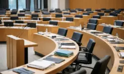 Leerer Landtagssaal mit Sitzreihen und Rednerpult, gedämpft beleuchtet, symbolisch für politische Krise der Landesregierung Brandenburg.