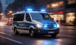 Fahrender Polizeibus mit eingeschaltetem Blaulicht auf einer städtischen Straße bei Dämmerung