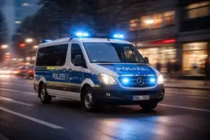 Fahrender Polizeibus mit eingeschaltetem Blaulicht auf einer städtischen Straße bei Dämmerung