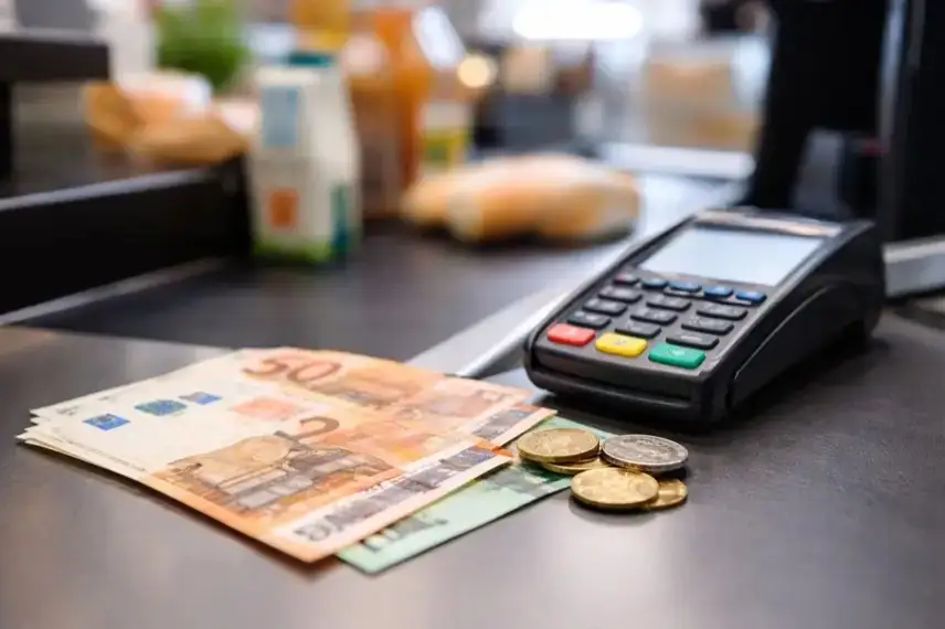 Euro-Banknoten und Münzen neben einem Kartenlesegerät an einer Supermarktkasse als Darstellung von Bargeld und Cashback.