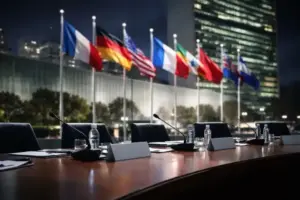 Mehrere Flaggen vor dem UN-Gebäude bei Nacht, davor ein leerer Konferenztisch mit Mikrofonen als Symbol für internationale Diplomatie