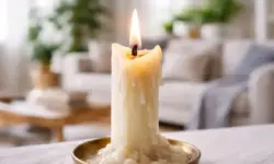 Fast abgebrannte brennende Kerze in einem hellen Wohnzimmer, Nahaufnahme mit geschmolzenem Wachs auf einem Kerzenhalter.