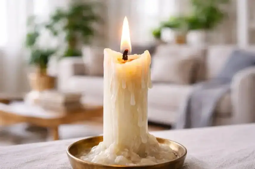 Fast abgebrannte brennende Kerze in einem hellen Wohnzimmer, Nahaufnahme mit geschmolzenem Wachs auf einem Kerzenhalter.