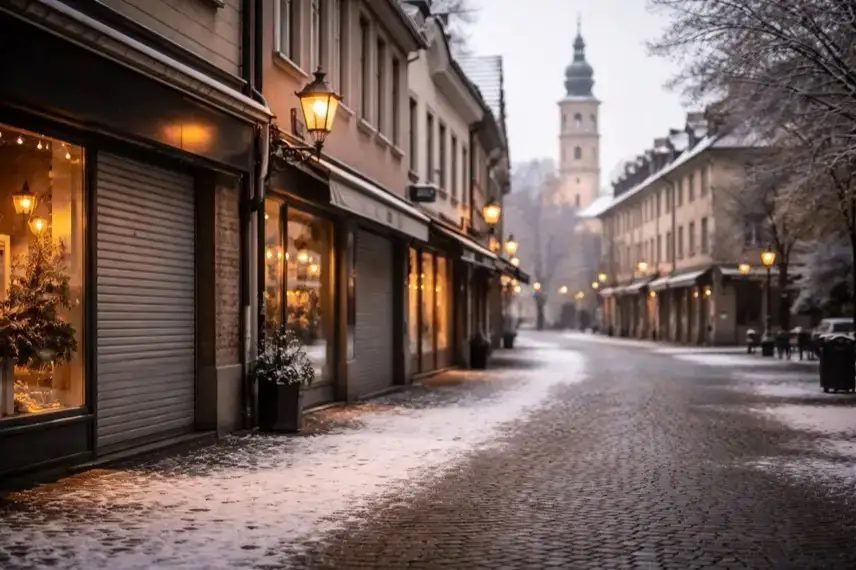 Leere Straße mit geschlossenen Geschäften an einem winterlichen Morgen in einer deutschen Stadt am gesetzlichen Feiertag Heilige Drei Könige