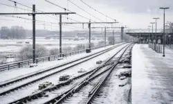 Vereiste Bahngleise und verschneite Flughafenflächen in den Niederlanden bei Winterwetter, grauer Himmel, leere Infrastruktur ohne Personen.