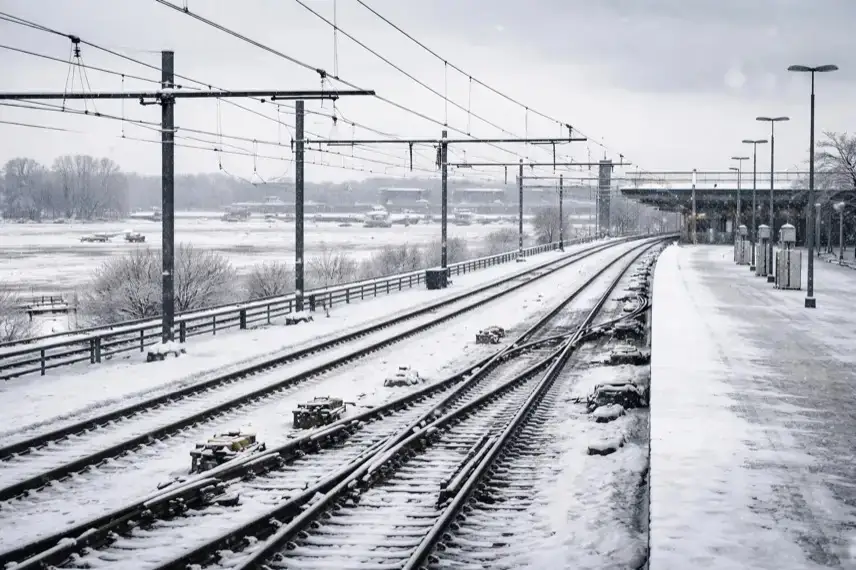 Vereiste Bahngleise und verschneite Flughafenflächen in den Niederlanden bei Winterwetter, grauer Himmel, leere Infrastruktur ohne Personen.