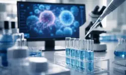 Steriles Forschungslabor mit Laborgeräten und unscharfer Darstellung von Zellen auf einem Bildschirm im Hintergrund.