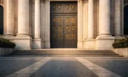 Geschlossene Bronzetür der Heiligen Pforte am Petersdom in Rom bei Tageslicht, Petersplatz im Vordergrund, ruhige Atmosphäre.