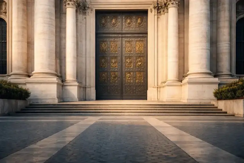 Geschlossene Bronzetür der Heiligen Pforte am Petersdom in Rom bei Tageslicht, Petersplatz im Vordergrund, ruhige Atmosphäre.