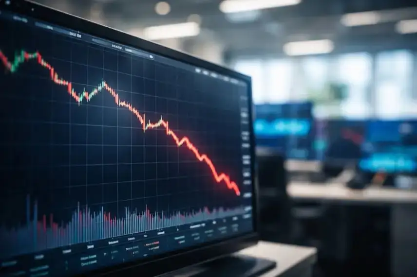 Abstrakter fallender Aktienchart vor neutralem Börsenhintergrund als Darstellung der Kursbewegung der Adidas Aktie.