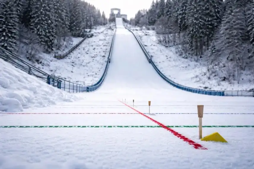 Leere Skisprungschanze im Winter mit sichtbaren Markierungen und Kontrolllinien im Schnee bei Tageslicht