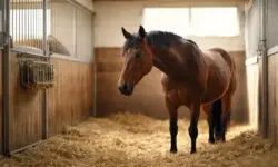 Pferd in einem ruhigen Stall mit Stroh und Holzwänden, neutrale Darstellung zum Thema Bornavirus und neurologische Erkrankung beim Pferd.