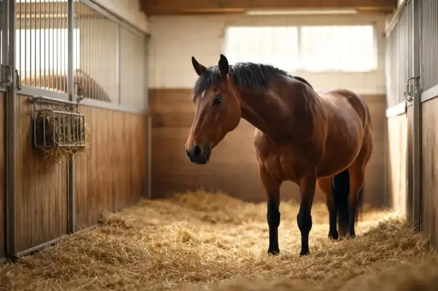 Pferd in einem ruhigen Stall mit Stroh und Holzwänden, neutrale Darstellung zum Thema Bornavirus und neurologische Erkrankung beim Pferd.