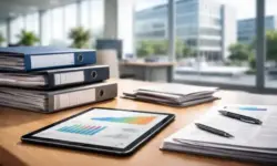 Schreibtisch mit Aktenordnern und Tablet vor modernem Verwaltungsgebäude als Darstellung von Steuerreform, Bürokratieabbau und Rentenpolitik