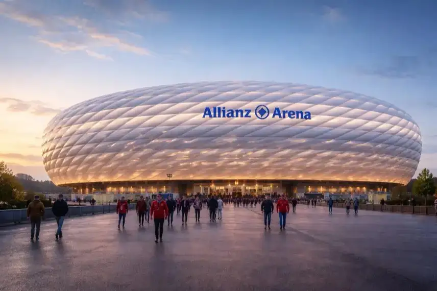 Außenansicht der Allianz Arena in München bei Abenddämmerung mit beleuchteter Stadionfassade und Vorplatz