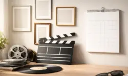 Leere Bilderrahmen an einer Wand, daneben schlichte Kalenderseite sowie Filmklappe und Schallplatte als Symbole für Promi-Jahr 2026