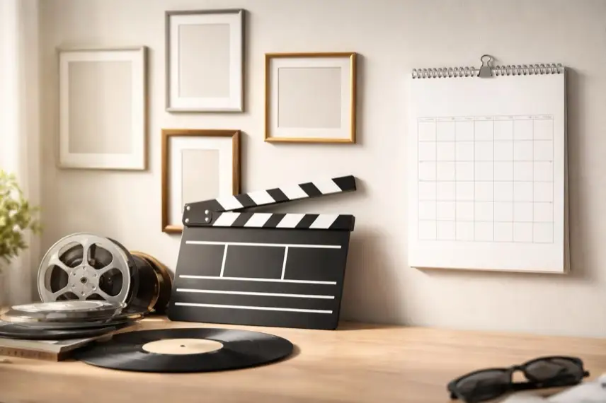 Leere Bilderrahmen an einer Wand, daneben schlichte Kalenderseite sowie Filmklappe und Schallplatte als Symbole für Promi-Jahr 2026